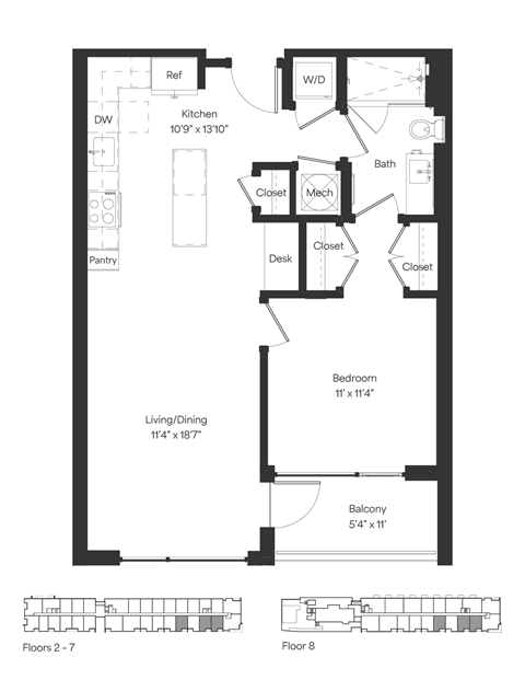 Floor plan for 1 bed, 1 bath, 741 sqft